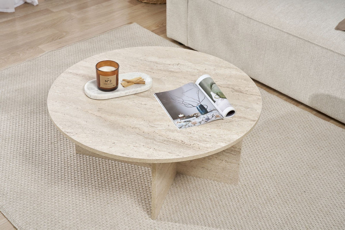 Coffee tables - Round coffee table Travertine melamine - 90x90x40 cm - Dakota - Dimehouse