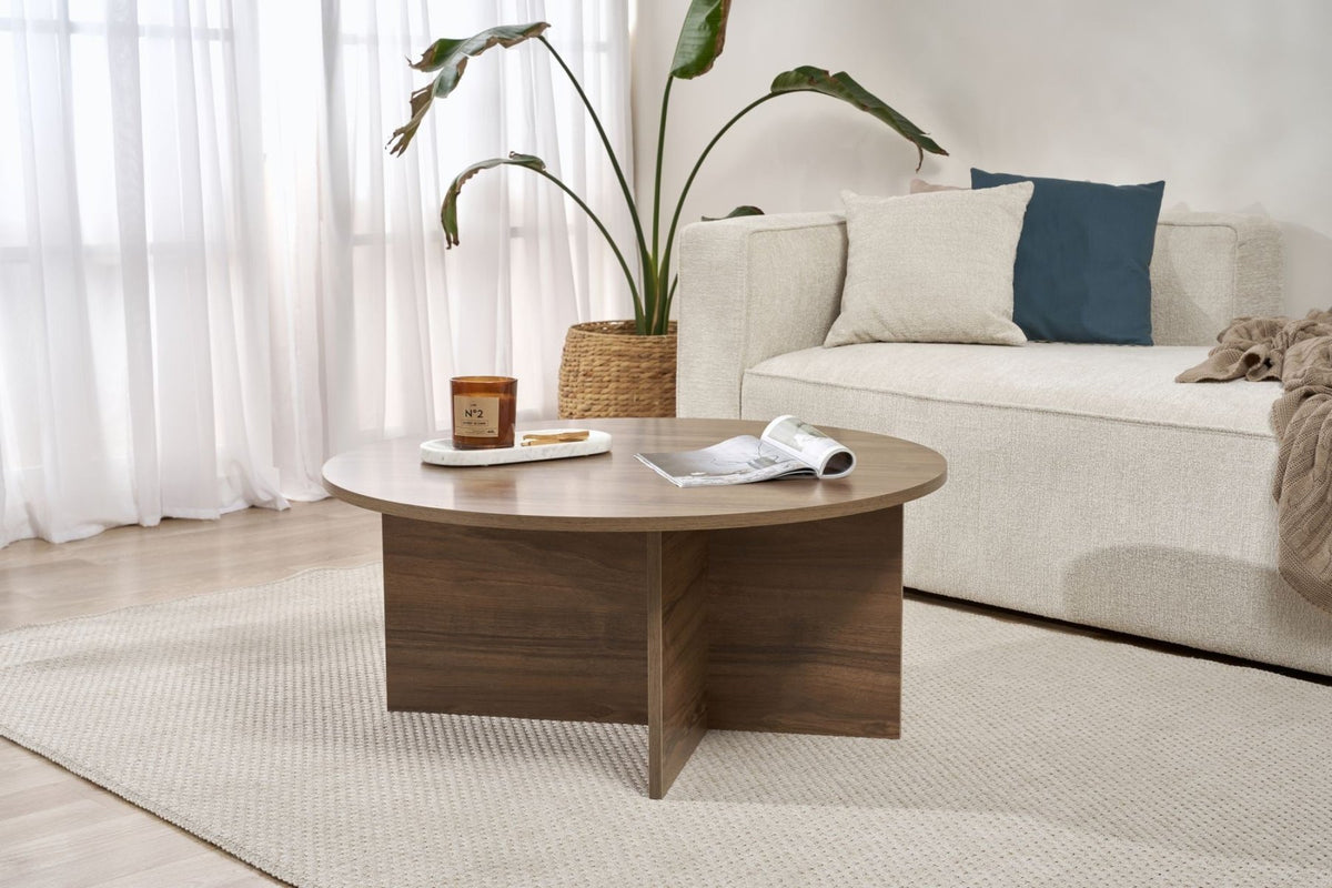 Coffee tables - Round coffee table Walnut melamine - 90x90x40 cm - Dakota - Dimehouse