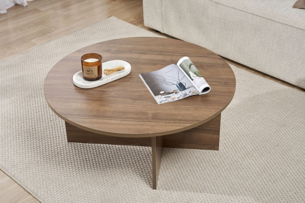 Coffee tables - Round coffee table Walnut melamine - 90x90x40 cm - Dakota - Dimehouse