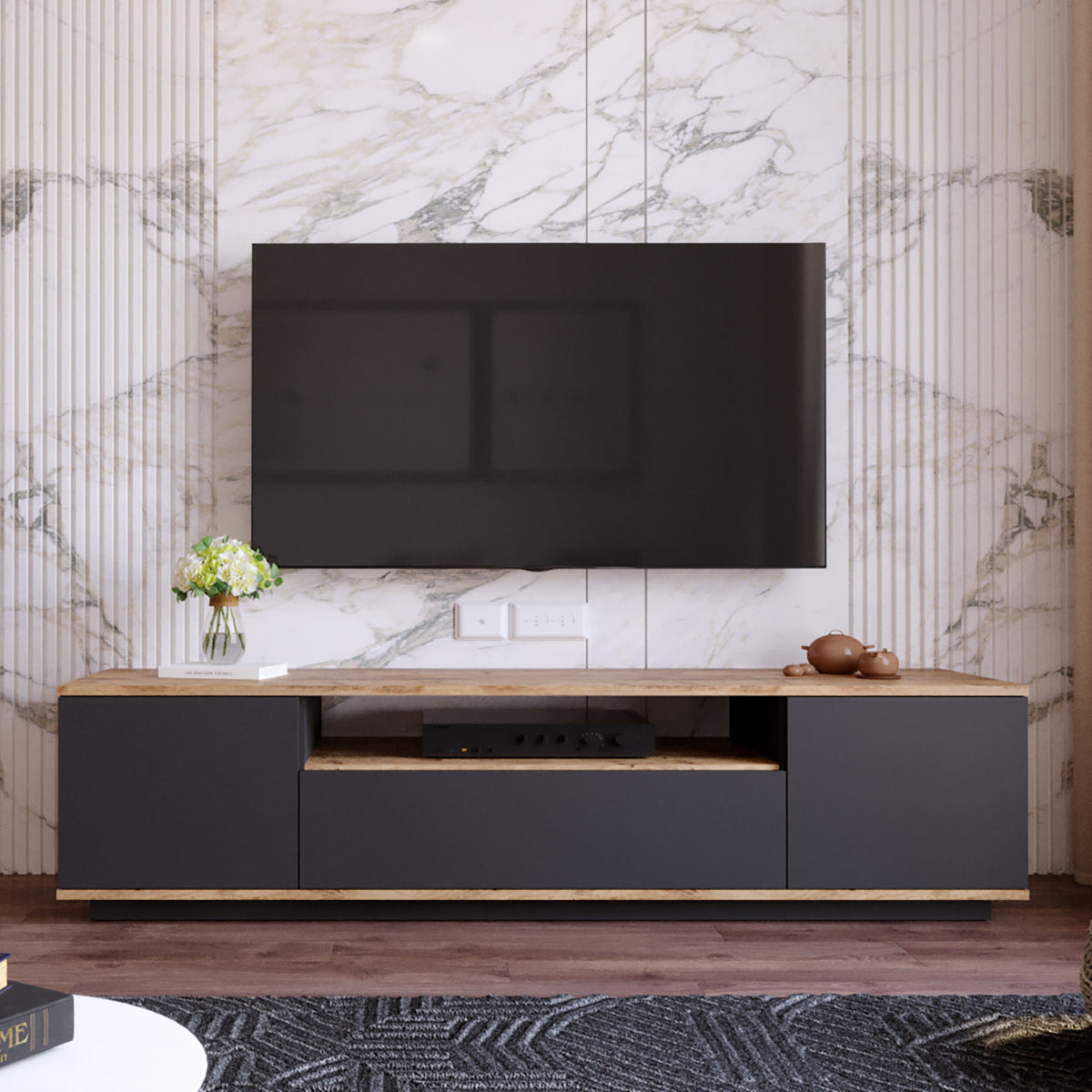 TV Furniture - TV Furniture Vesper Atlantic Pine Anthracite Melamine 180x44.6x44.5 cm - Dimehouse