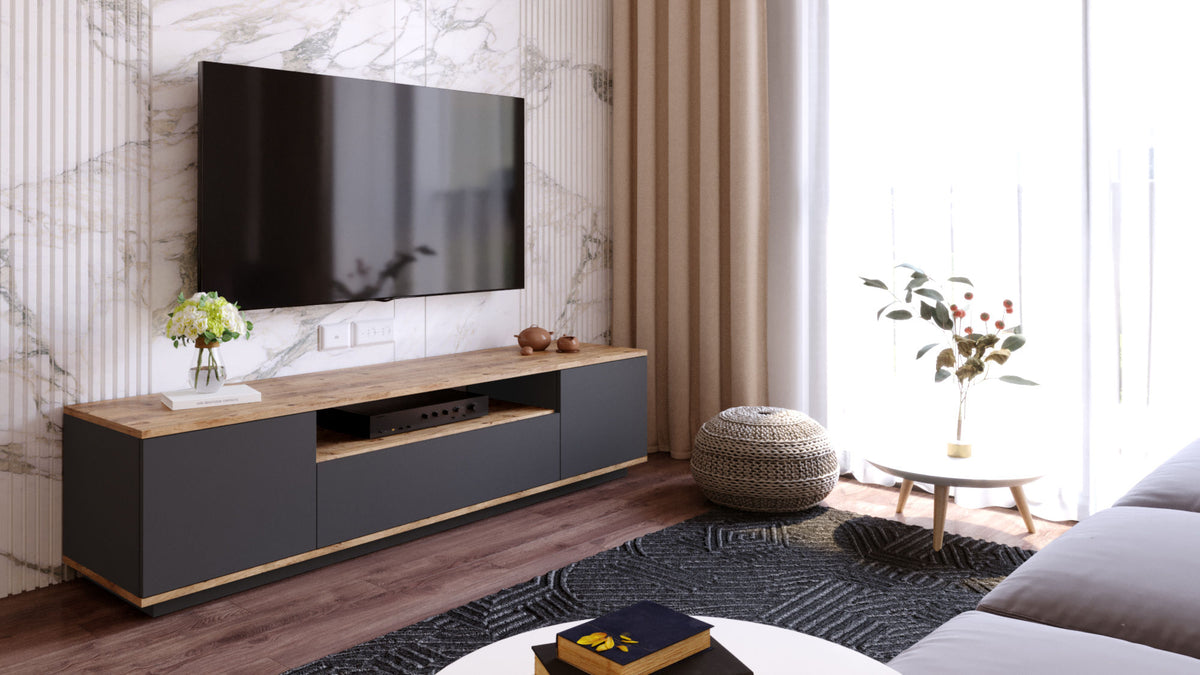 TV Furniture - TV Furniture Vesper Atlantic Pine Anthracite Melamine 180x44.6x44.5 cm - Dimehouse