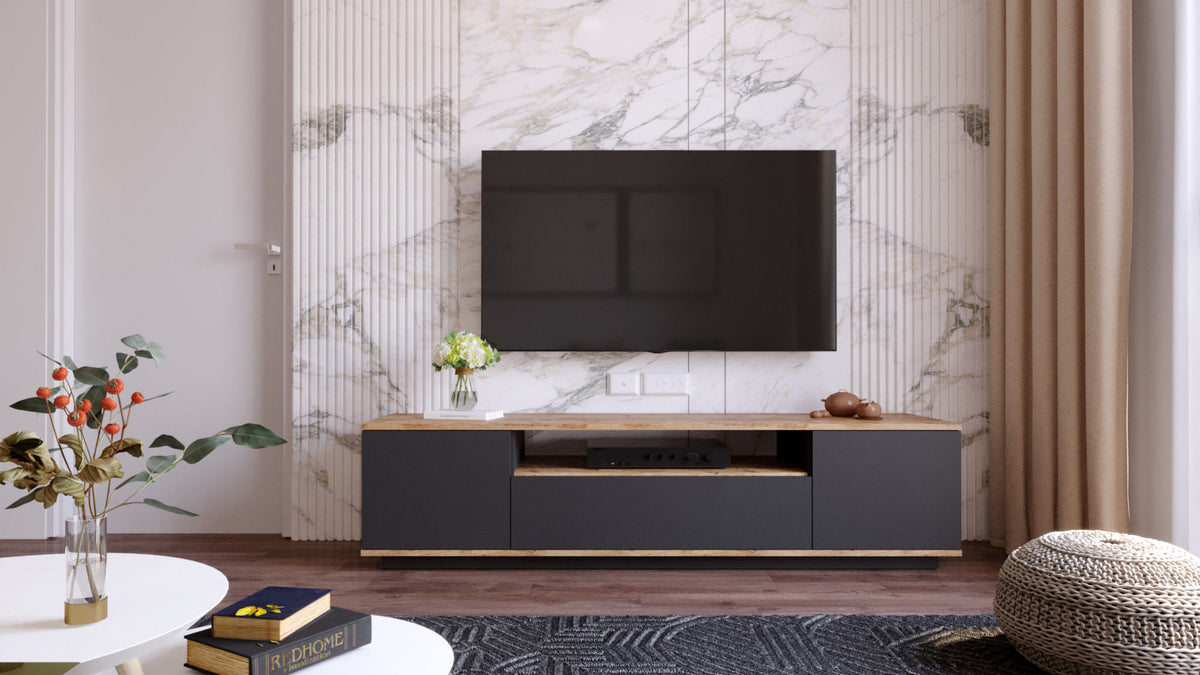 TV Furniture - TV Furniture Vesper Atlantic Pine Anthracite Melamine 180x44.6x44.5 cm - Dimehouse