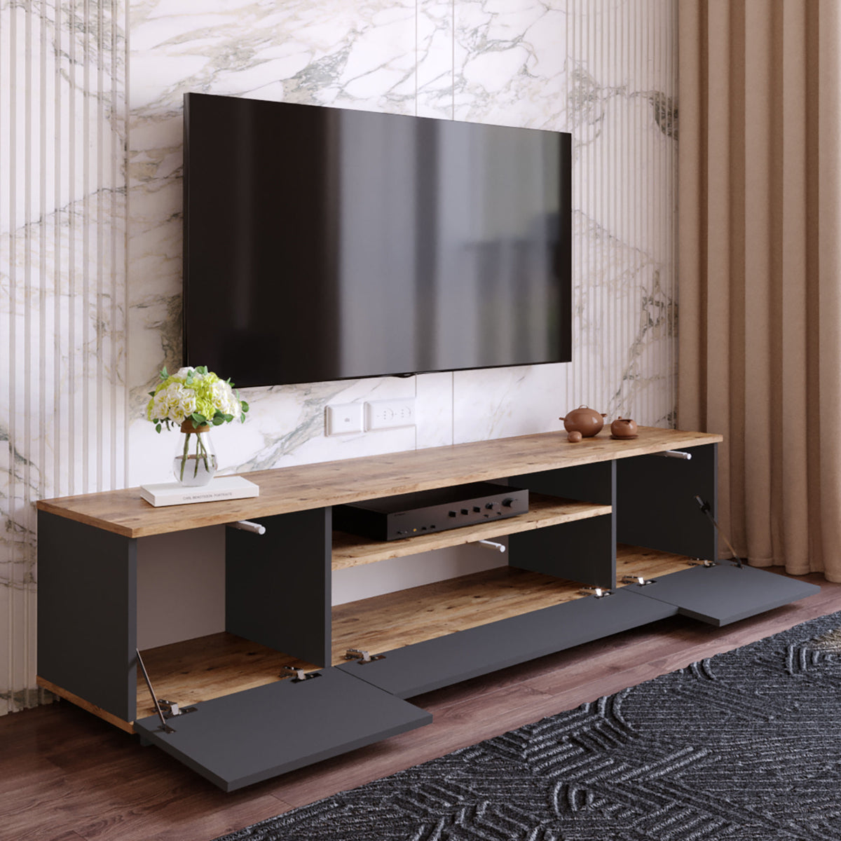 TV Furniture - TV Furniture Vesper Atlantic Pine Anthracite Melamine 180x44.6x44.5 cm - Dimehouse