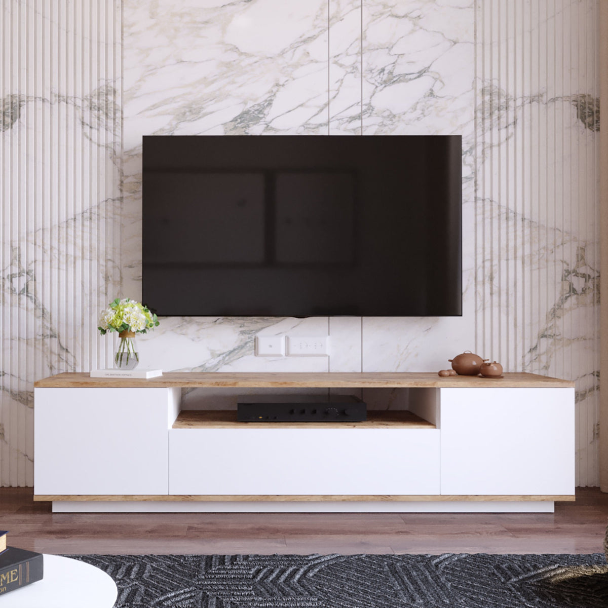 TV Furniture - TV Furniture Salerno Atlantic Pine White Melamine 180x44.6x44.5 cm - Dimehouse
