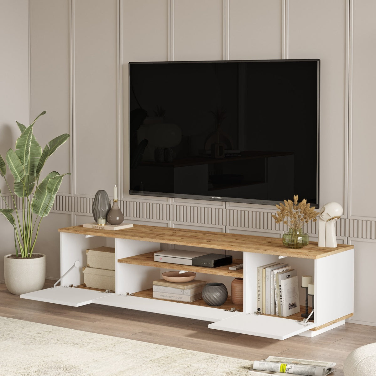 TV Furniture - TV Furniture Salerno Atlantic Pine White Melamine 180x44.6x44.5 cm - Dimehouse
