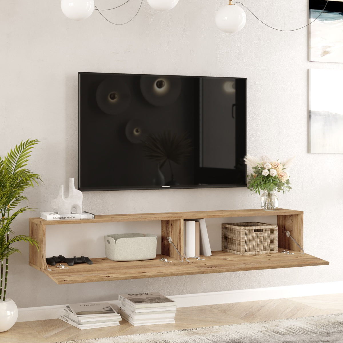 TV Furniture - Floating TV Furniture Turin Atlantic Pine Melamine 180x29.6x31.6 cm - Dimehouse