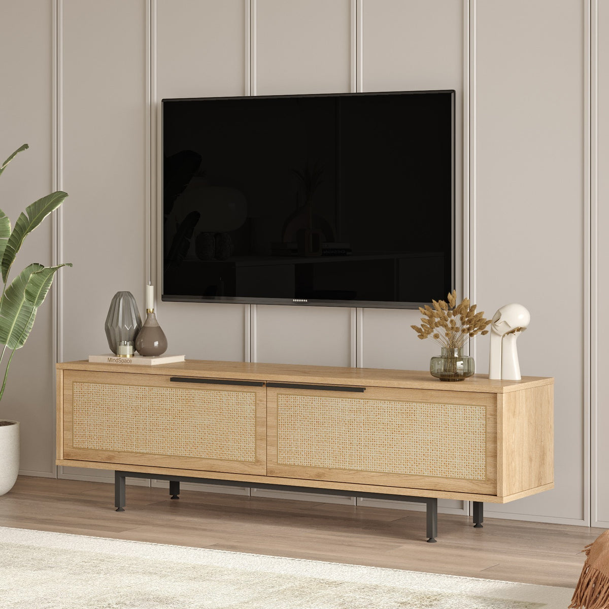TV Furniture - TV Furniture Japandi Cosmos Walnut Oak Melamine 160x45.1x35.5 cm - Dimehouse