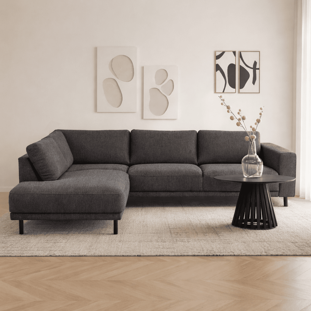 Sofas - Modern 3-seater corner sofa with Lounger Anthracite Fabric Aniko left 240x197x78 cm - Dimehouse