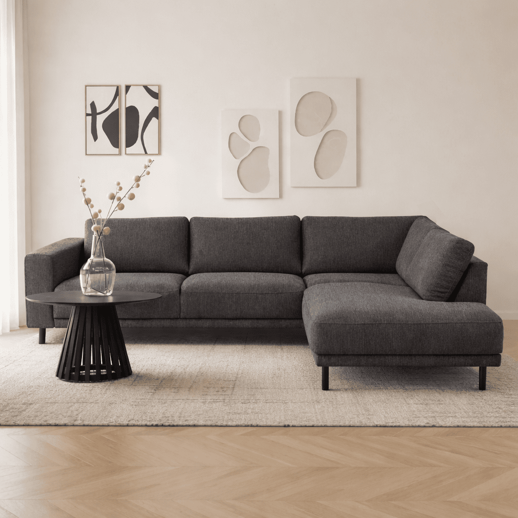 Sofas - Modern 3-seater corner sofa with Lounger Anthracite Fabric Aniko right 240x197x78 cm - Dimehouse