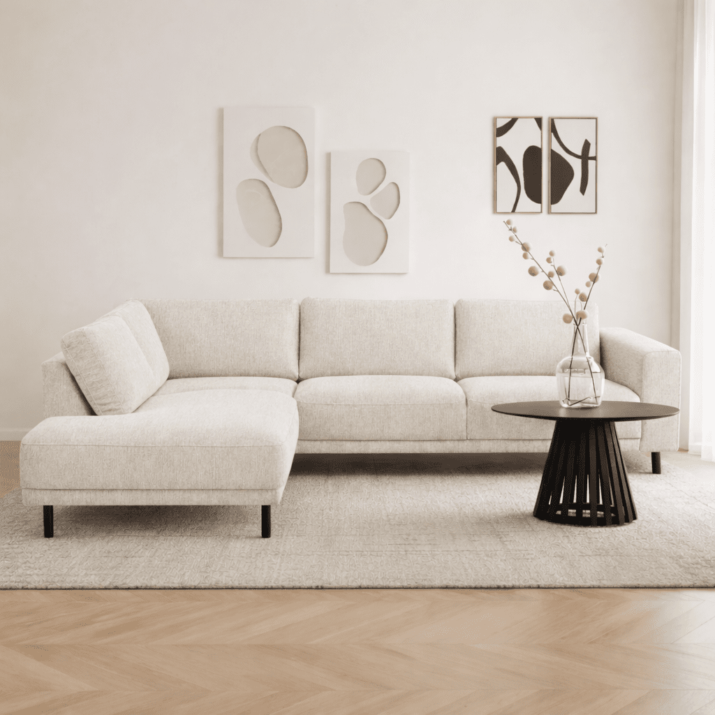 Sofas - Modern 3-seater Corner Sofa Left Beige Fabric Aniko with Lounger 240x197x78 cm - Dimehouse