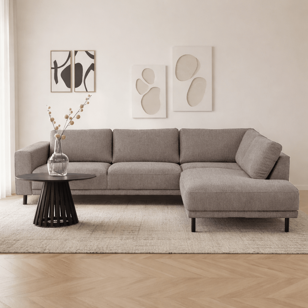 Sofas - Modern 3-seater Corner Sofa Right Taupe Fabric Aniko with Lounger 240x197x78 cm - Dimehouse