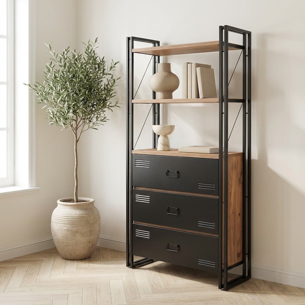 Bookcases - Industrial bookcase with drawers pine wood melamine black metal Cosmo 90x180x35 cm - Dimehouse