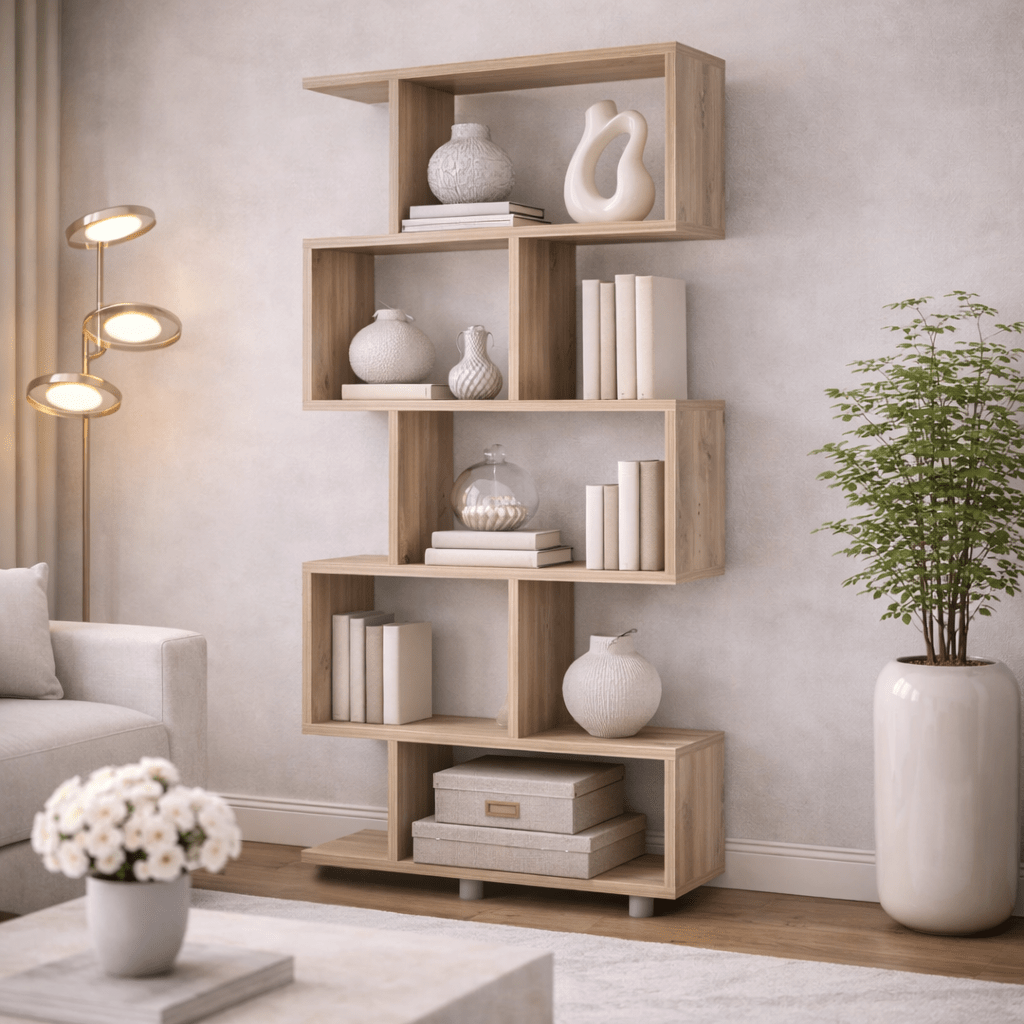 Bookcases - S - shaped bookcase oak melamine Elif 90x156x20 cm - Dimehouse