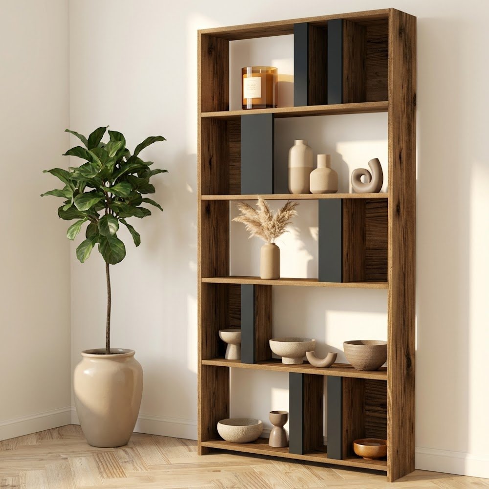 Bookcases - Asymmetrical bookcase anthracite walnut melamine Lima 90x180x20 cm - Dimehouse