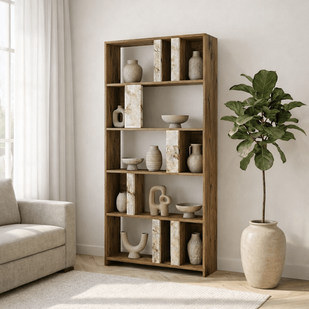 Bookcases - Asymmetrical bookcase marble look walnut melamine Lima 90x180x20 cm - Dimehouse
