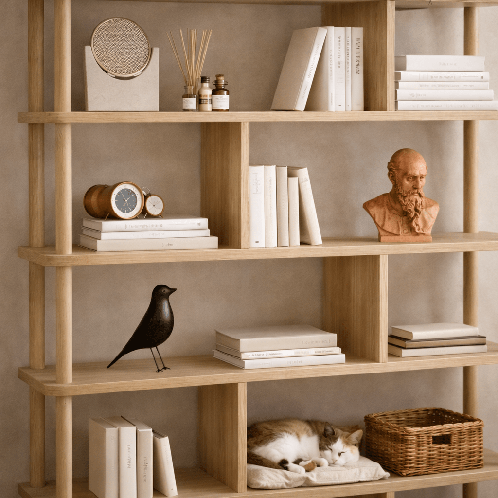 Bookcases - Japandi bookcase pine wood melamine Meta 120x168.5x28 cm - Dimehouse