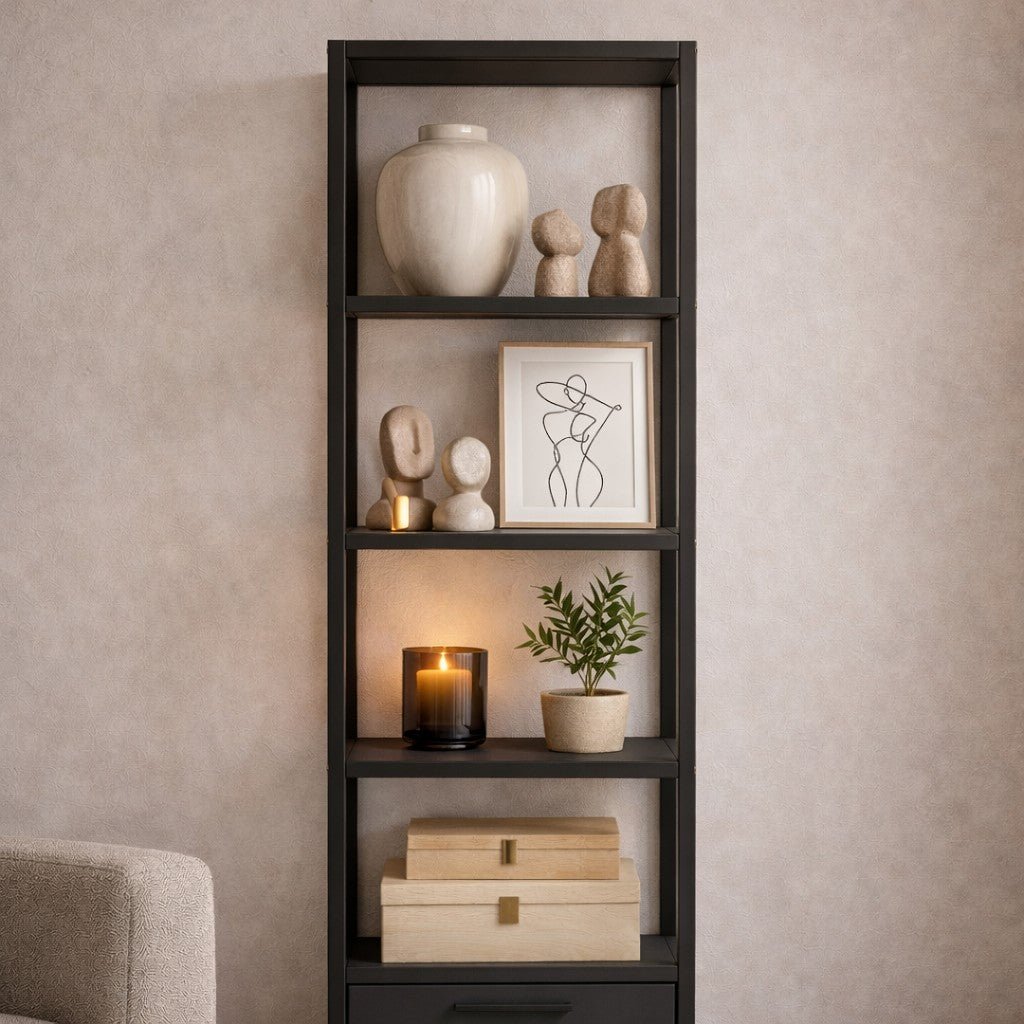 Bookcases - Bookcase Robbins Black Black Anthracite Melamine 39x160x39 cm - Dimehouse