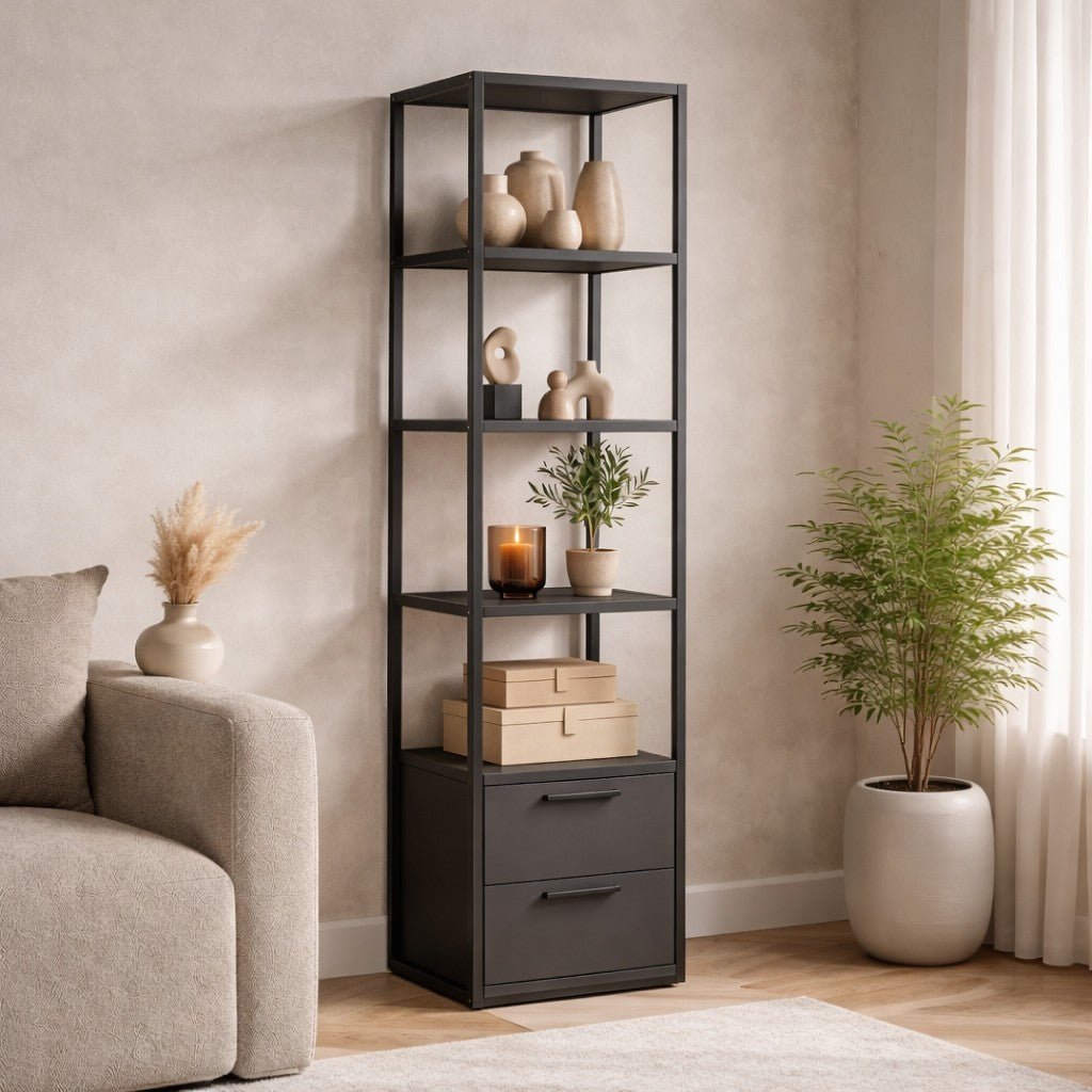 Bookcases - Bookcase Robbins Black Black Anthracite Melamine 39x160x39 cm - Dimehouse