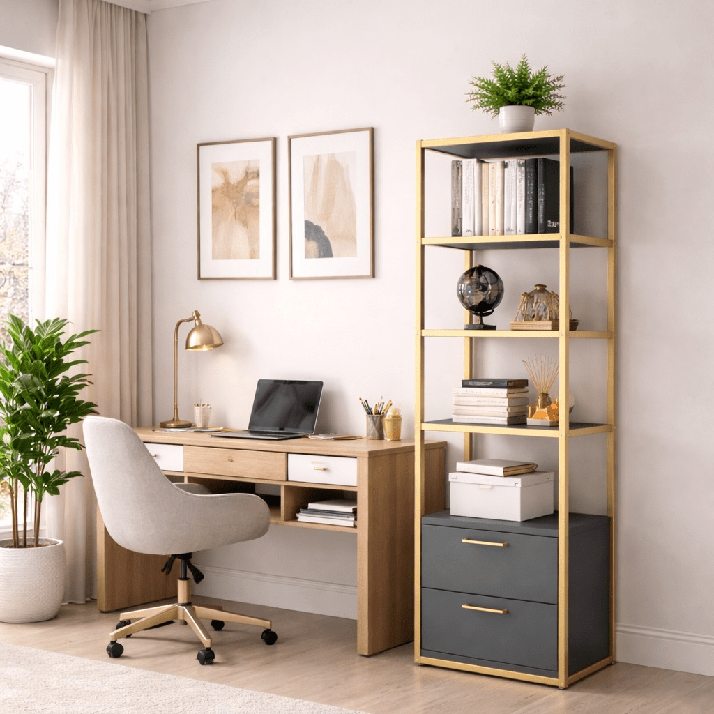 Bookcases - Bookcase Robbins Gold Gold Anthracite Melamine 39x160x39 cm - Dimehouse