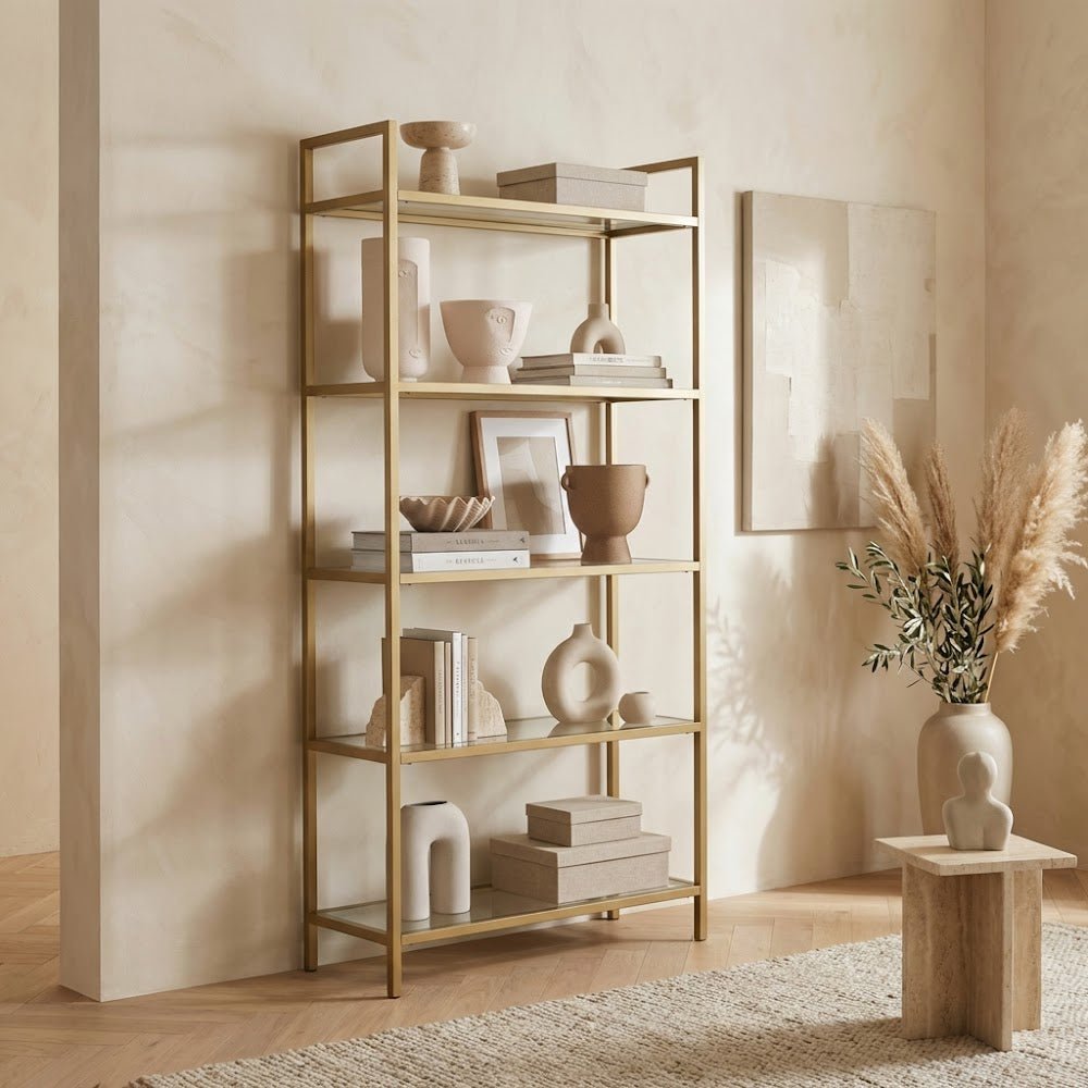 Bookcases - Modern chic bookcase Veneto gold metal glass 80x165x30 cm - Dimehouse