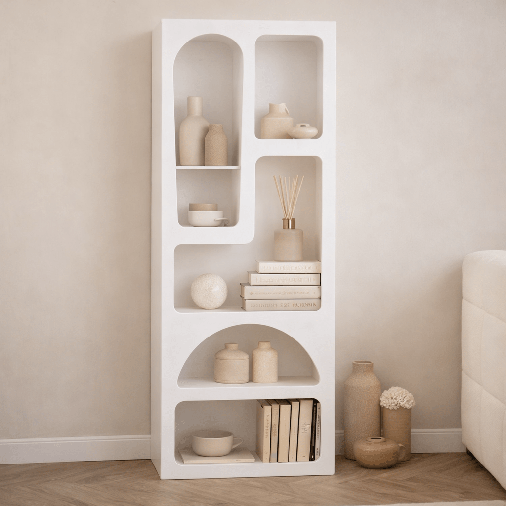 Bookcases - Bookcase with organic shapes white melamine Nolen 60x150x32 cm - Dimehouse