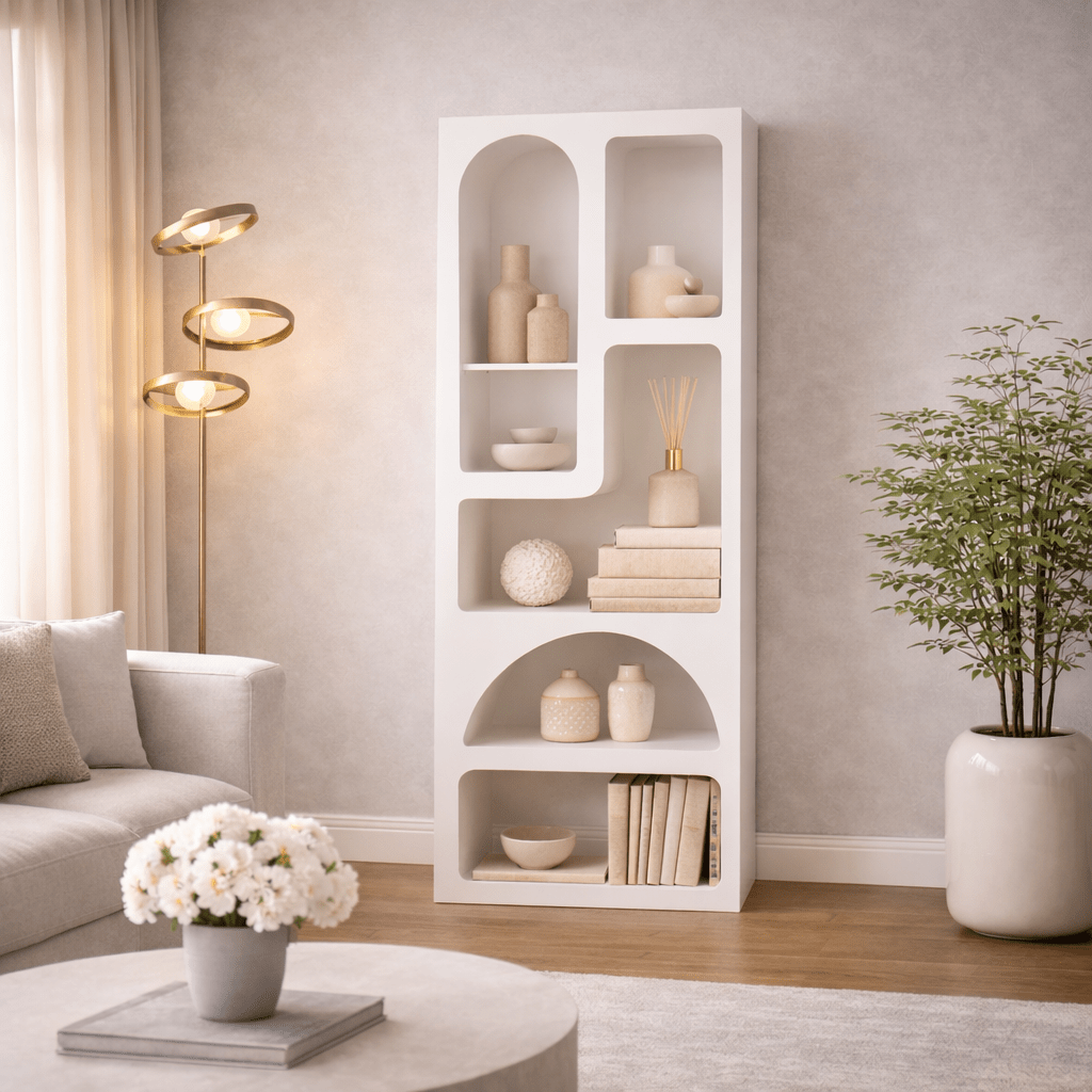 Bookcases - Bookcase with organic shapes white melamine Nolen 60x150x32 cm - Dimehouse