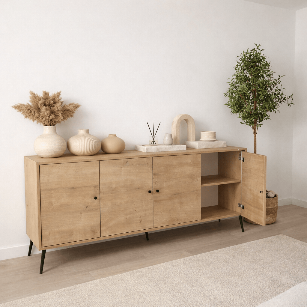 Sideboards - Calvin Sideboard Oak look with soft - close 180 cm Melamine - Four doors - Dimehouse