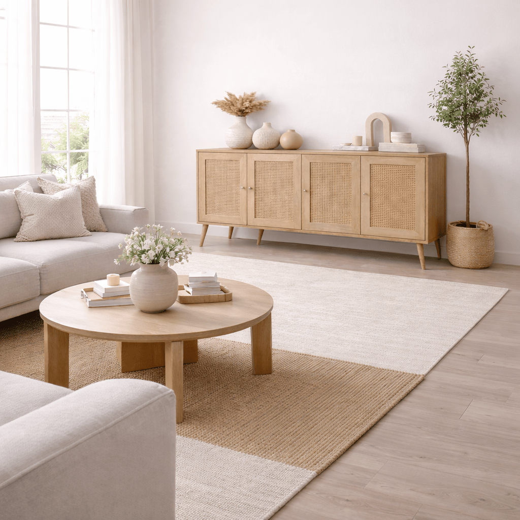 Sideboards - Calvin Sideboard Rattan - Oak look with soft - close 180 cm Melamine - Dimehouse