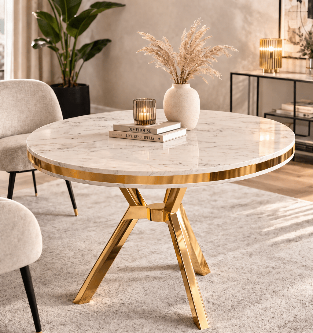Dining tables - Dining table white round marble look with gold - 90 cm diameter - Moss - Dimehouse