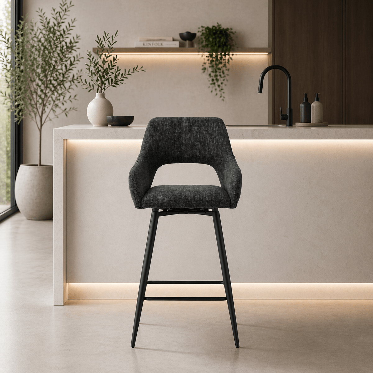 Bar Stools - Swivel Bar Stool Black Fabric Skye - Seat Height 67 cm - With Armrests - Dimehouse