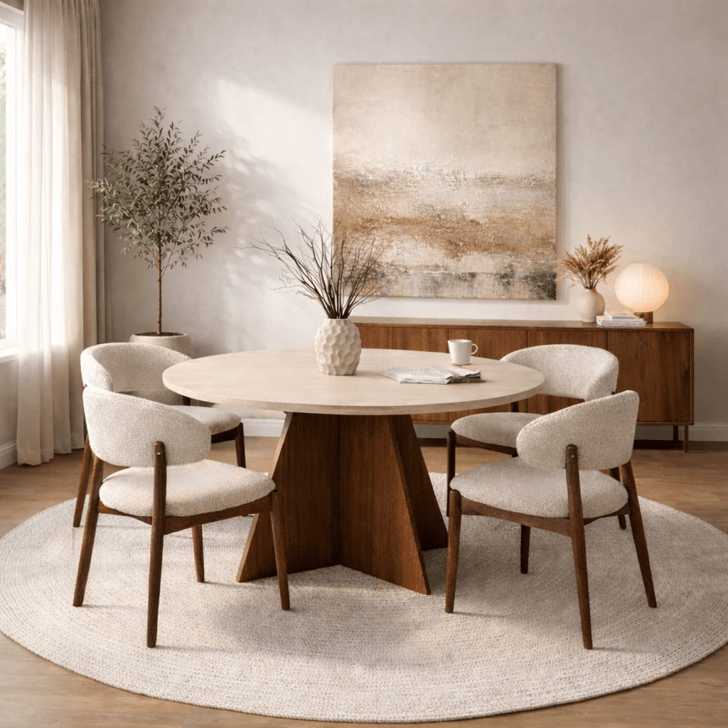 Dining tables - Dining room table round Walnut with Travertine top - 120 cm - Mary - Dimehouse