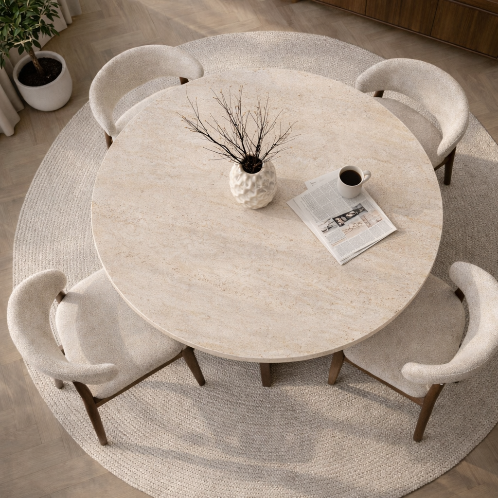 Dining tables - Dining room table round Walnut with Travertine top - 120 cm - Mary - Dimehouse