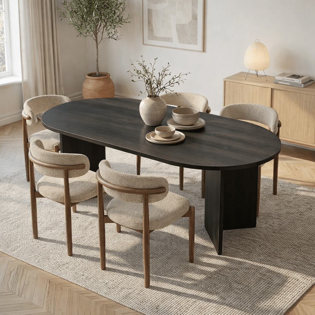 Dining tables - Oval dining table Black melamine - Japandi - 180x89.5x75 cm - Sota - Dimehouse