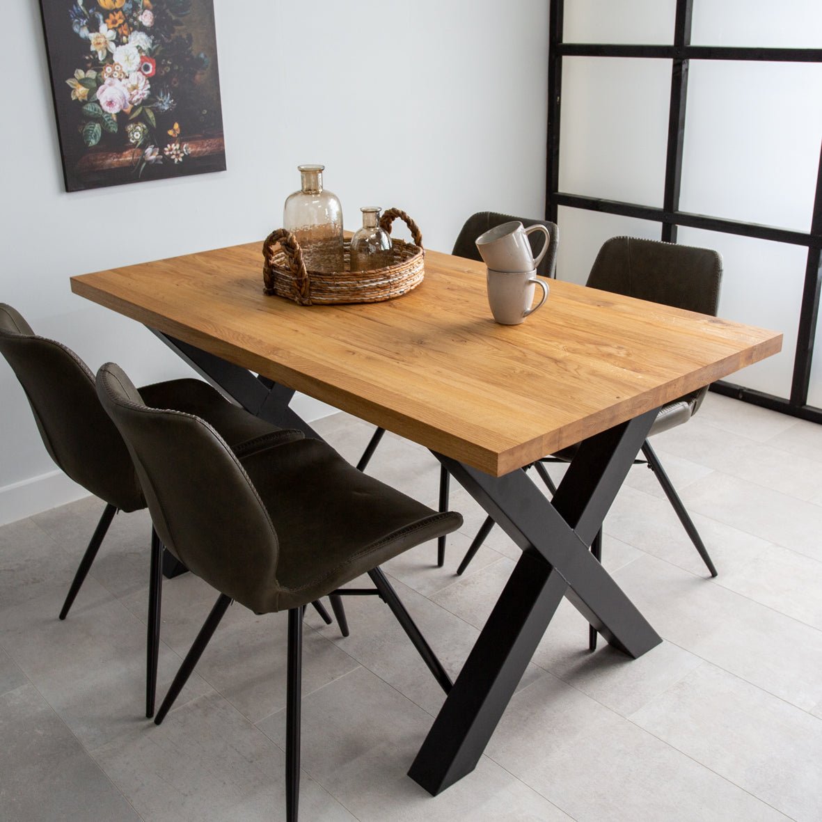 Dining tables - Industrial Dining Table Oak X - Black Rover leg - Dimehouse