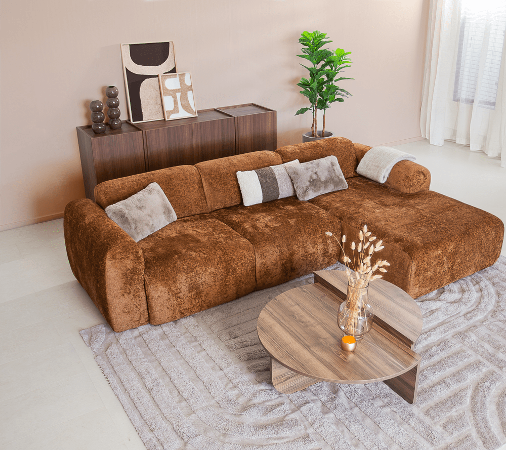 Banken-Hoekbank oker chenille stof - 292x170 cm - Shane - rechts-Dimehouse