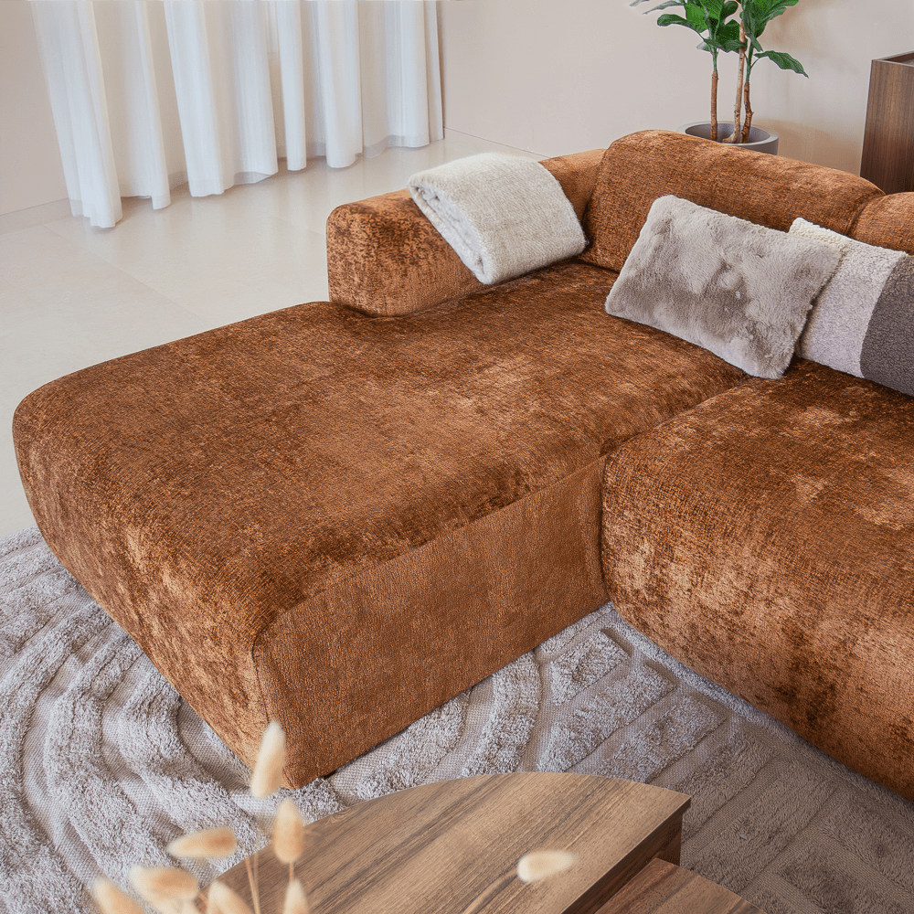 Banken-Hoekbank oker chenille stof - 292x170 cm - Shane - links-Dimehouse