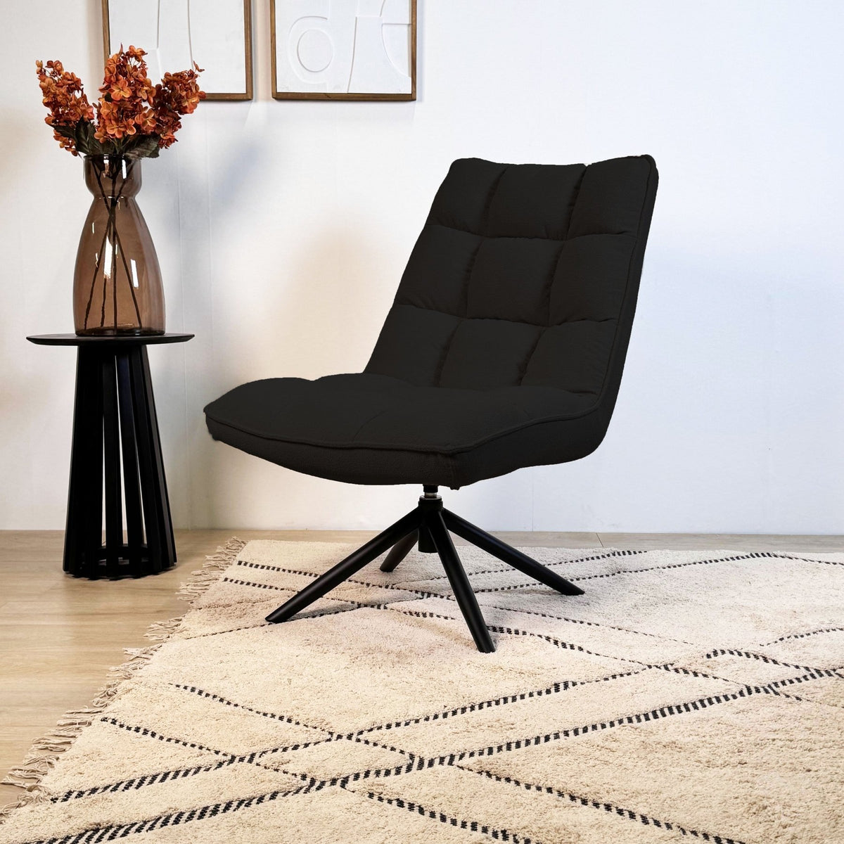 Armchairs - Modern swivel armchair black bouclé fabric 360° rotatable Yuki - Dimehouse