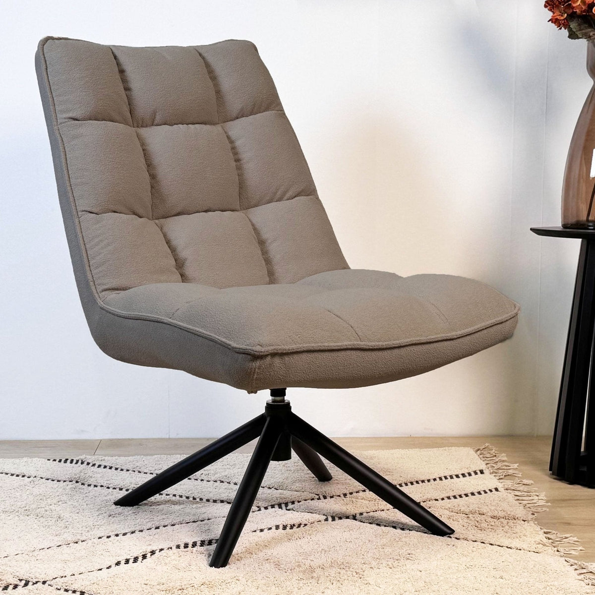 Armchairs - Scandinavian swivel armchair taupe bouclé fabric 360° rotatable Yuki - Dimehouse