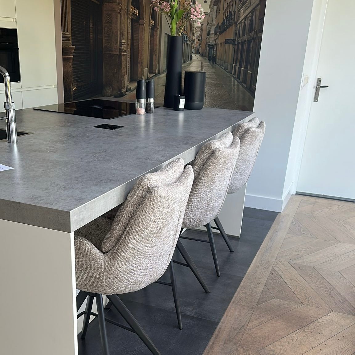 Bar Stools - Set of 2 Bar Stools Elite Sand Chenille Fabric Rich Rotatable - Dimehouse