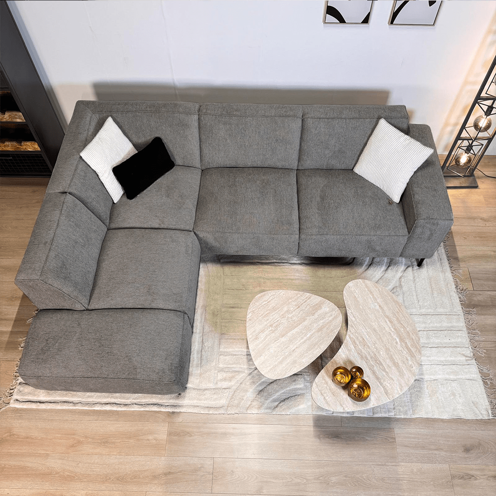 Sofas - Corner sofa taupe chenille mottled Ravi – right - Dimehouse