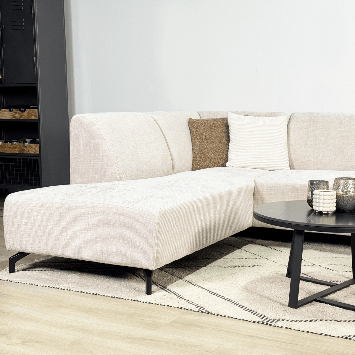 Sofas - Corner sofa with chaise longue beige chenille fabric Manon - left - Dimehouse