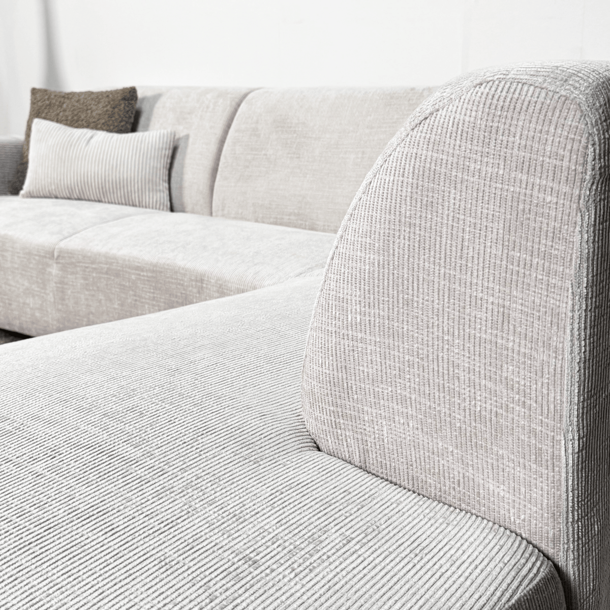 Sofas - Corner sofa with chaise longue beige chenille fabric Manon - right - Dimehouse