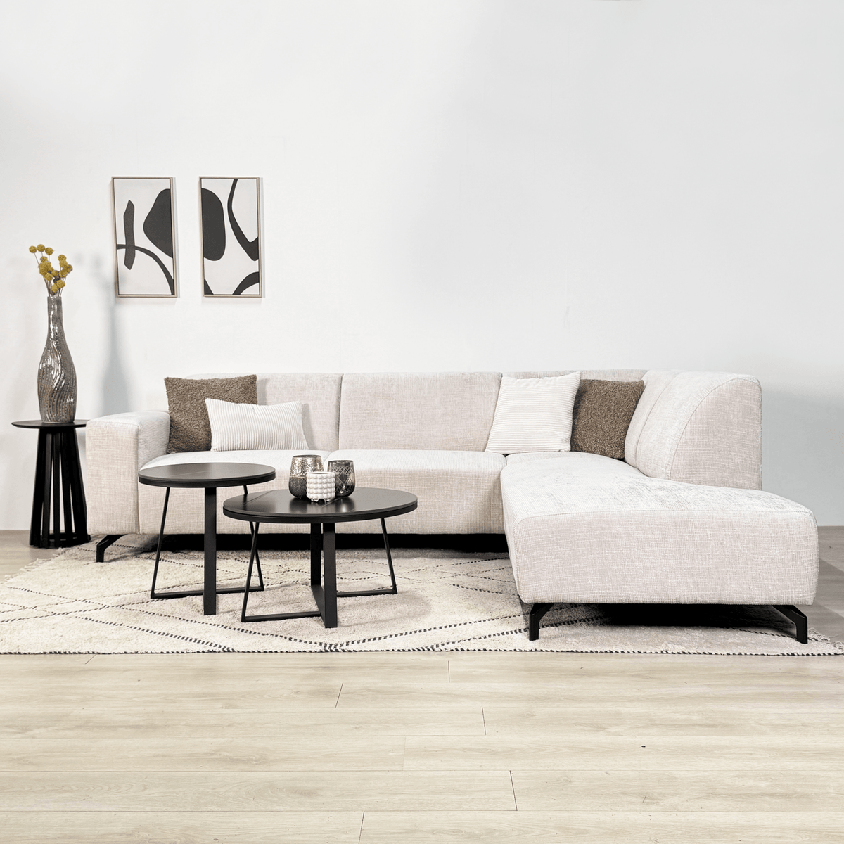 Sofas - Corner sofa with chaise longue beige chenille fabric Manon - right - Dimehouse