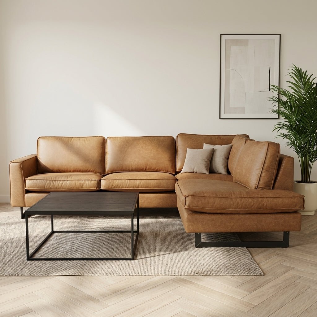 Corner sofa cognac microfibre Tulin - right atmospheric photo in modern interior