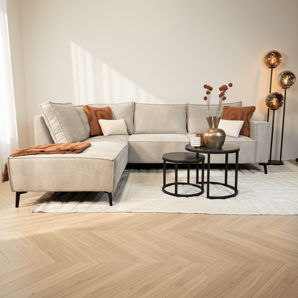 Sofas - Corner sofa with chaise longue beige chenille Yara - left - Dimehouse