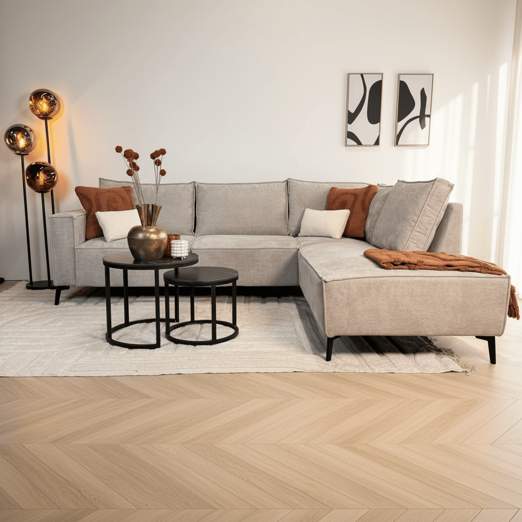 Corner sofa with chaise longue beige chenille Yara - right