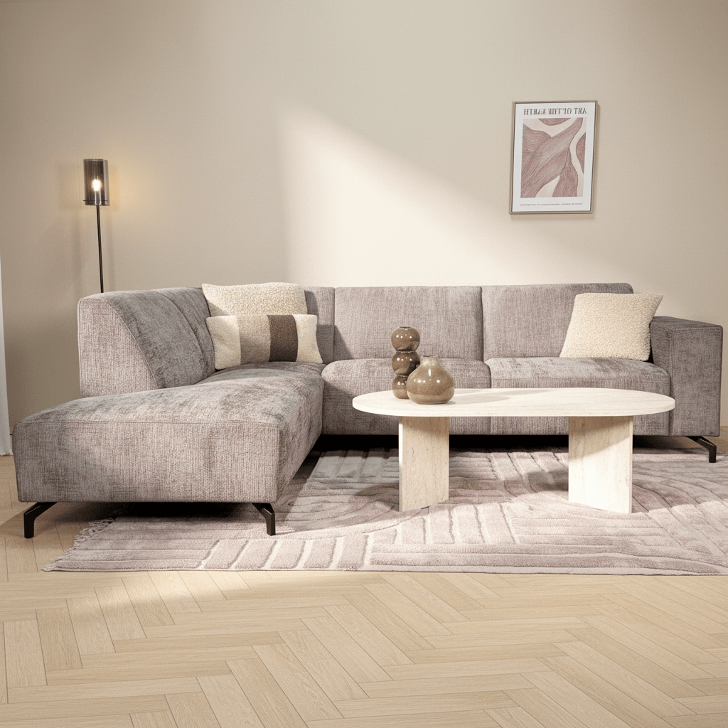Sofas - Corner sofa with chaise longue taupe chenille fabric Manon - left - Dimehouse