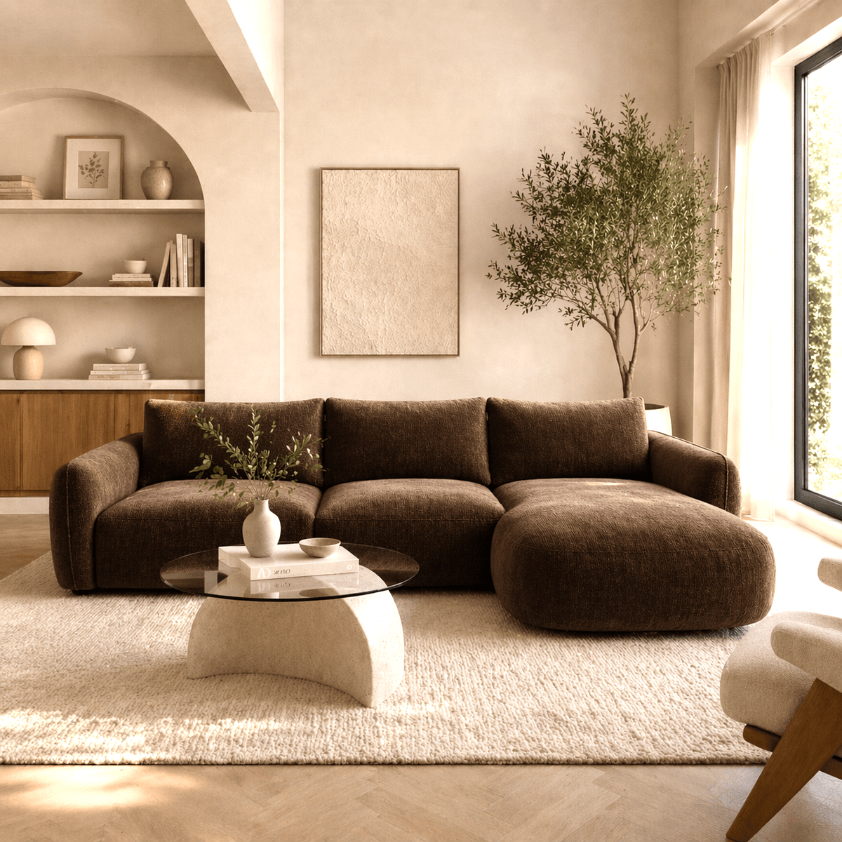 Sofas - Corner sofa round longue mocha brown velvet textured fabric Dwayne - right - Dimehouse