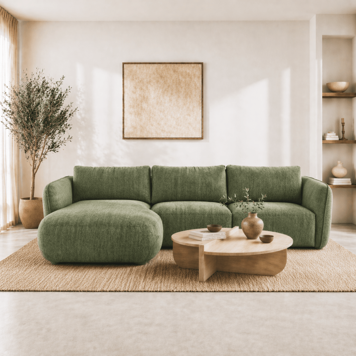 Sofas - Corner sofa round longue olive green velvet textured fabric Dwayne - left - Dimehouse
