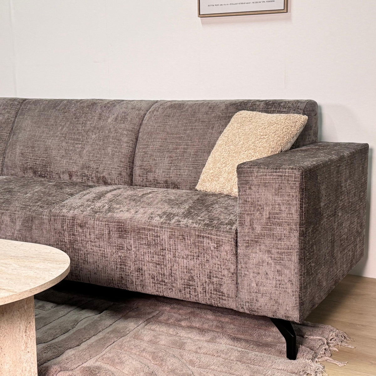 Sofas - Corner sofa with chaise longue taupe chenille fabric Manon - left - Dimehouse